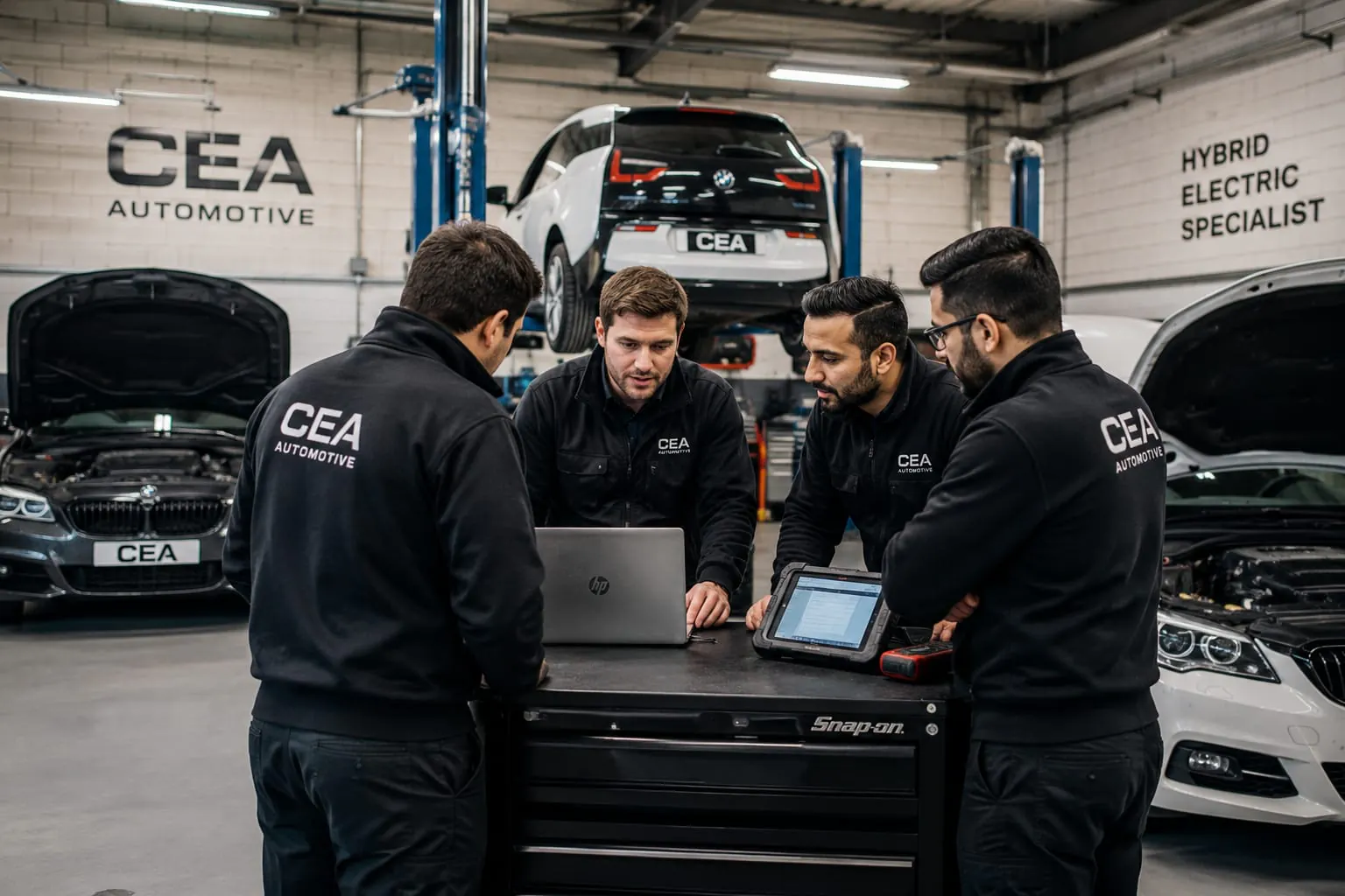 CEA Automotive technicians collaborating around a Snap-on tool chest in the workshop